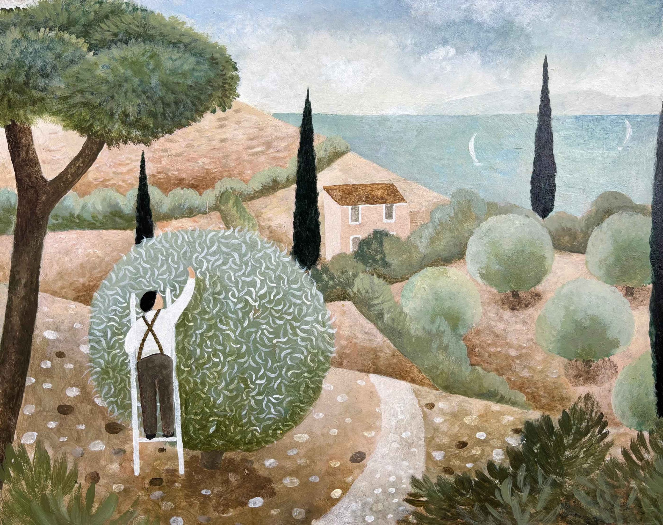 House by the Sea. European Landscape Paintings by Sarah Bowman. Oil on board.