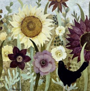 Sunflowers & Grey Poppy. Birds & Animals Floral Paintings by Sarah Bowman. Oil on board.