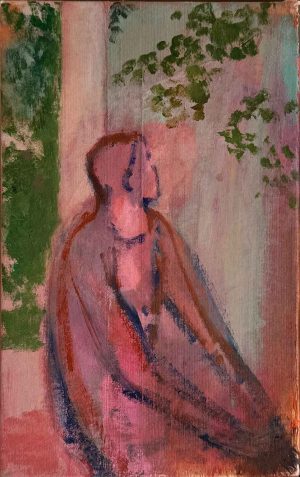Contemplation. Interiors Figurative Paintings by Uncategorised. Oil on found book cover.
