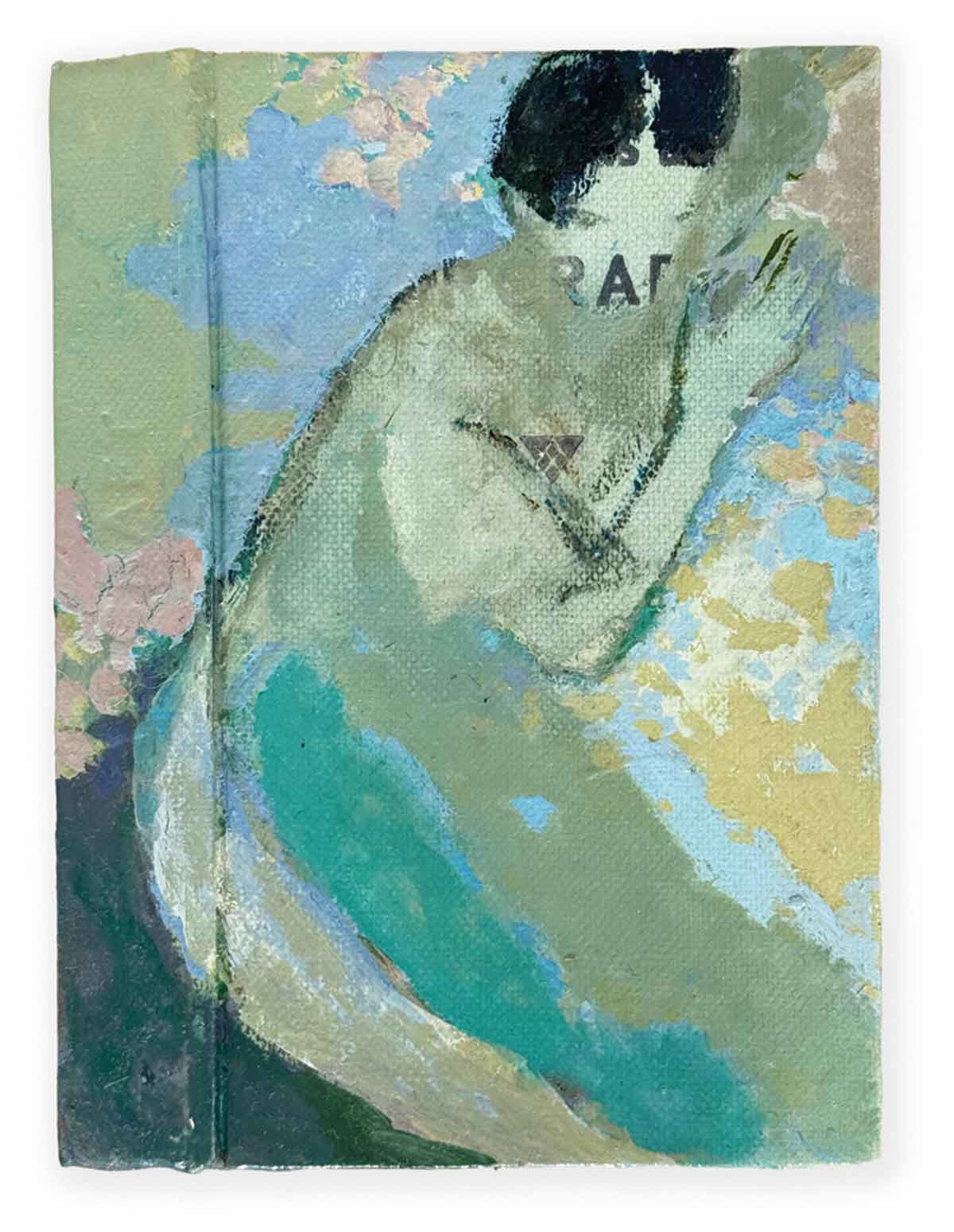 Dreamer. Figurative  Paintings by Davina Jackson. Acrylic & ink on found book cover.