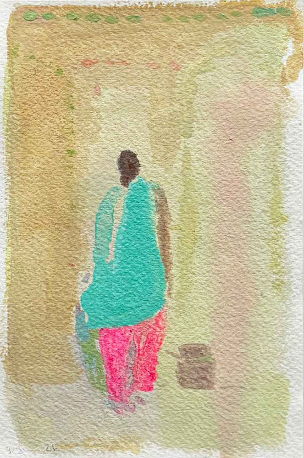 Woman in Pink Sari, Rajasthan. Figurative  Paintings by Davina Jackson. Watercolour & gouache on paper.