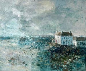 Beach House. Landscape Seascape Paintings by Ellen Watson. Mixed media on canvas.