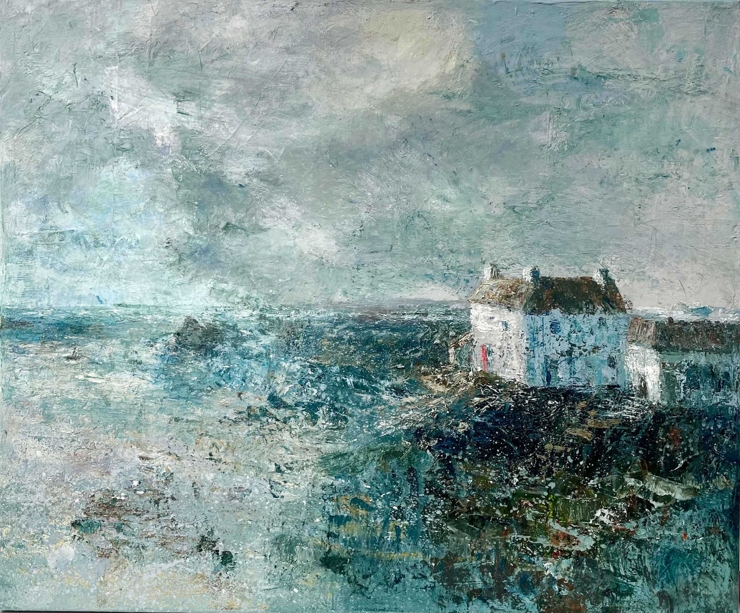 Beach House. Seascape Landscape Paintings by Ellen Watson. Mixed media on canvas.