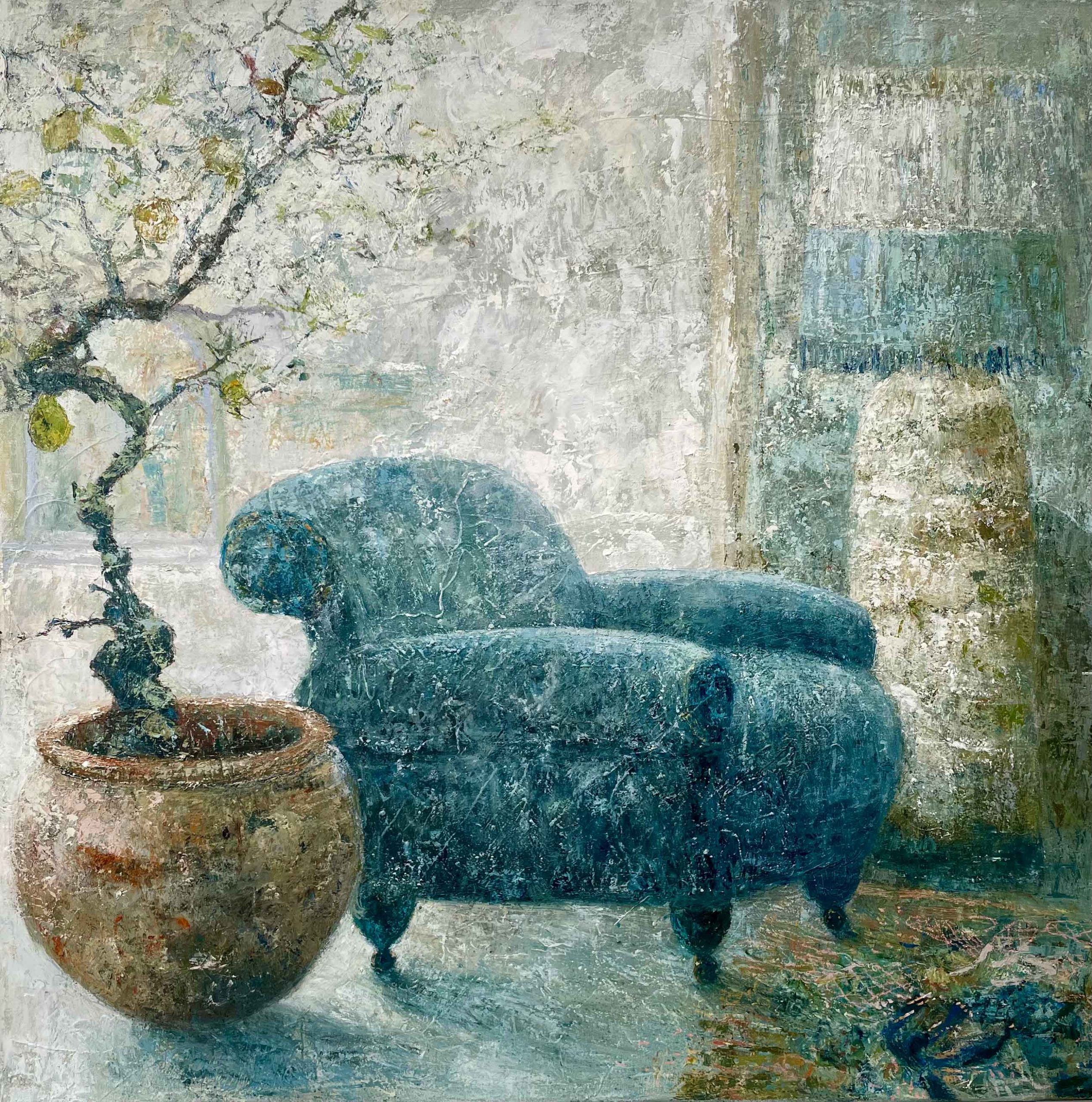 Beach House. Seascape Landscape Paintings by Ellen Watson. Mixed media on canvas.