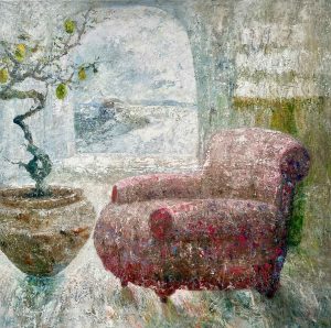 Beach House. Landscape Seascape Paintings by Ellen Watson. Mixed media on canvas.