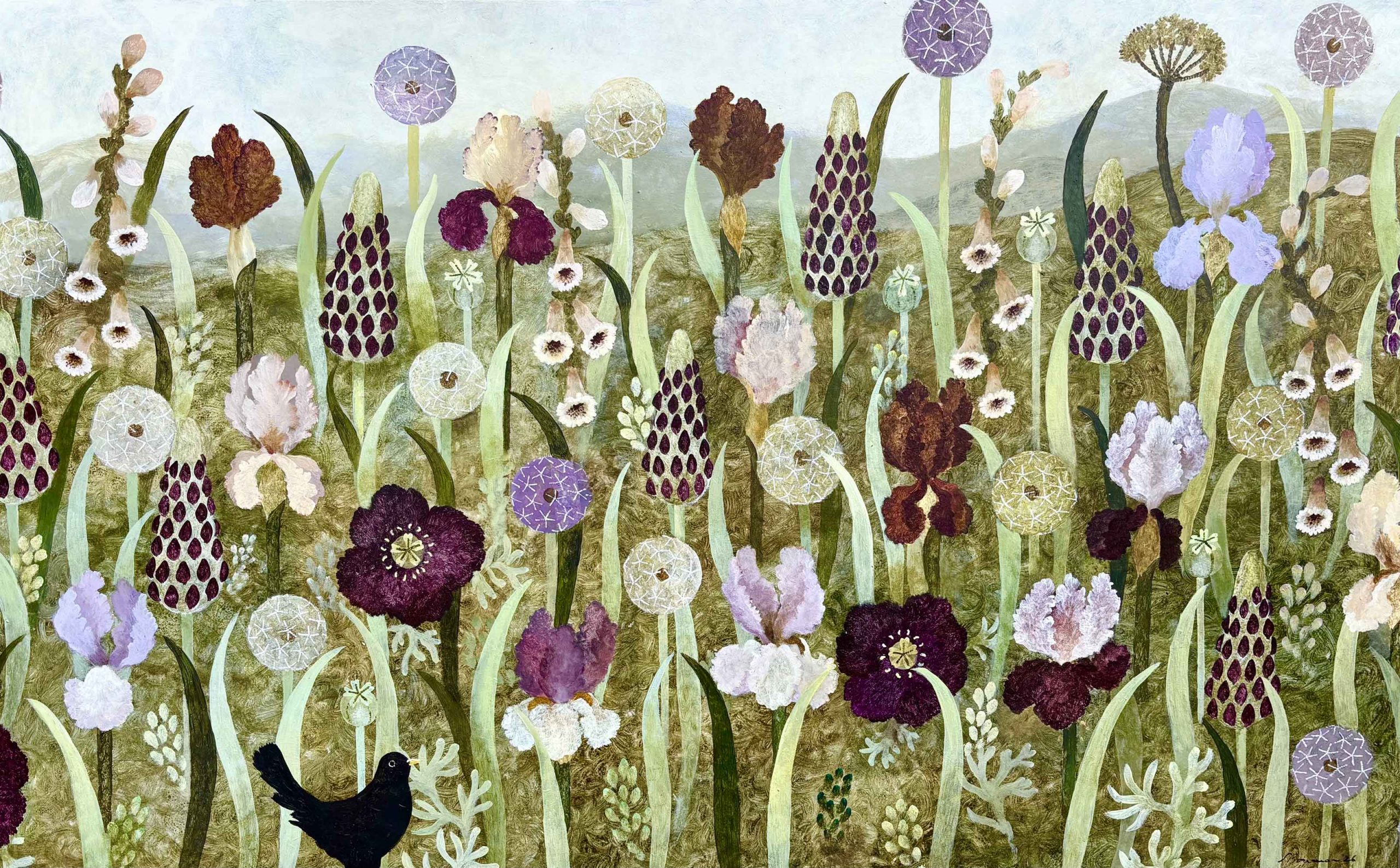 Garden Treasures. Birds & Animals Landscape Paintings by Sarah Bowman. Oil on board.