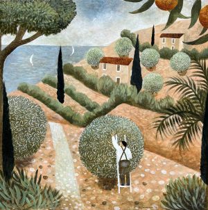 Olive Grove Overlooking the Sea. Figurative European Paintings by Sarah Bowman. .