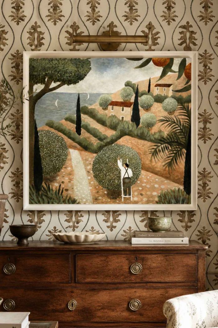 Olive Grove Overlooking the Sea. Landscape Figurative Paintings by Sarah Bowman. .