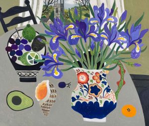 Irises & Shell. Interiors Still Life Paintings by Vanessa Bowman. Oil on card.