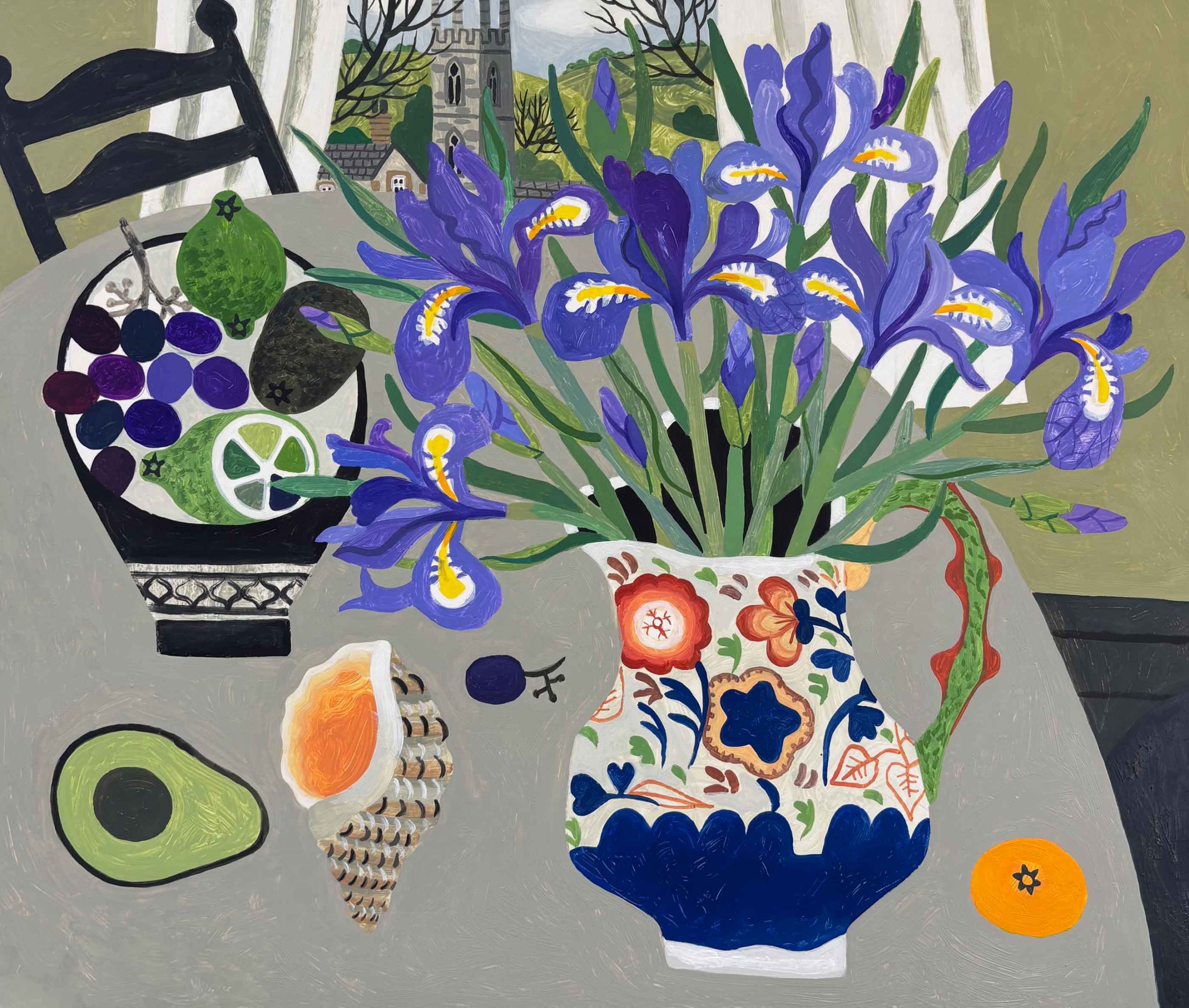 Irises & Shell. Still Life Floral Paintings by Vanessa Bowman. Oil on card.
