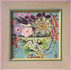 Blackbird Nestling. Birds & Animals Floral Paintings by Vanessa Cooper. Oil on board with hand painted frame.