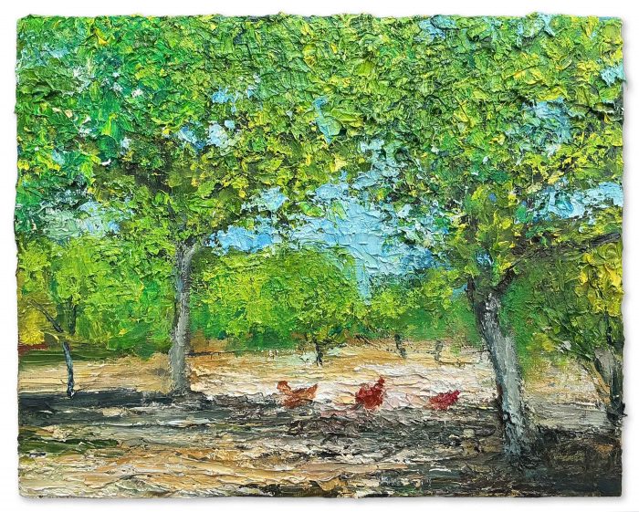 Chickens & Walnut Trees, Le Carlat. European Landscape Paintings by David Morgan. Oil on canvas.