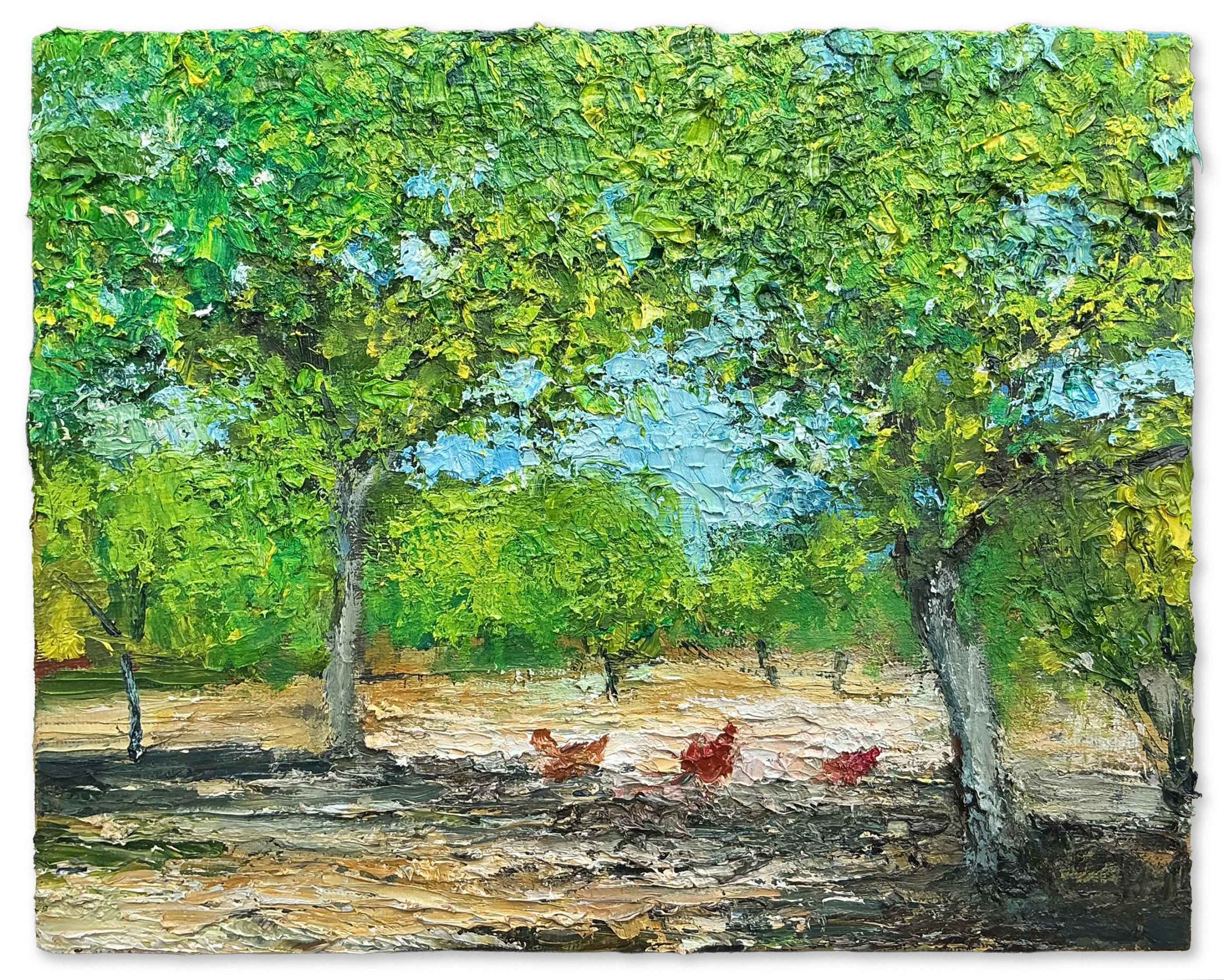 Chickens & Walnut Trees, Le Carlat. European Landscape Paintings by David Morgan. Oil on canvas.