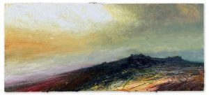 Sun Going Down, Tunhill Rocks. Dartmoor Landscape Paintings by David Morgan. Oil on board.