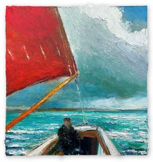 The Red Sail. Seascape  Paintings by David Morgan. Oil on board.