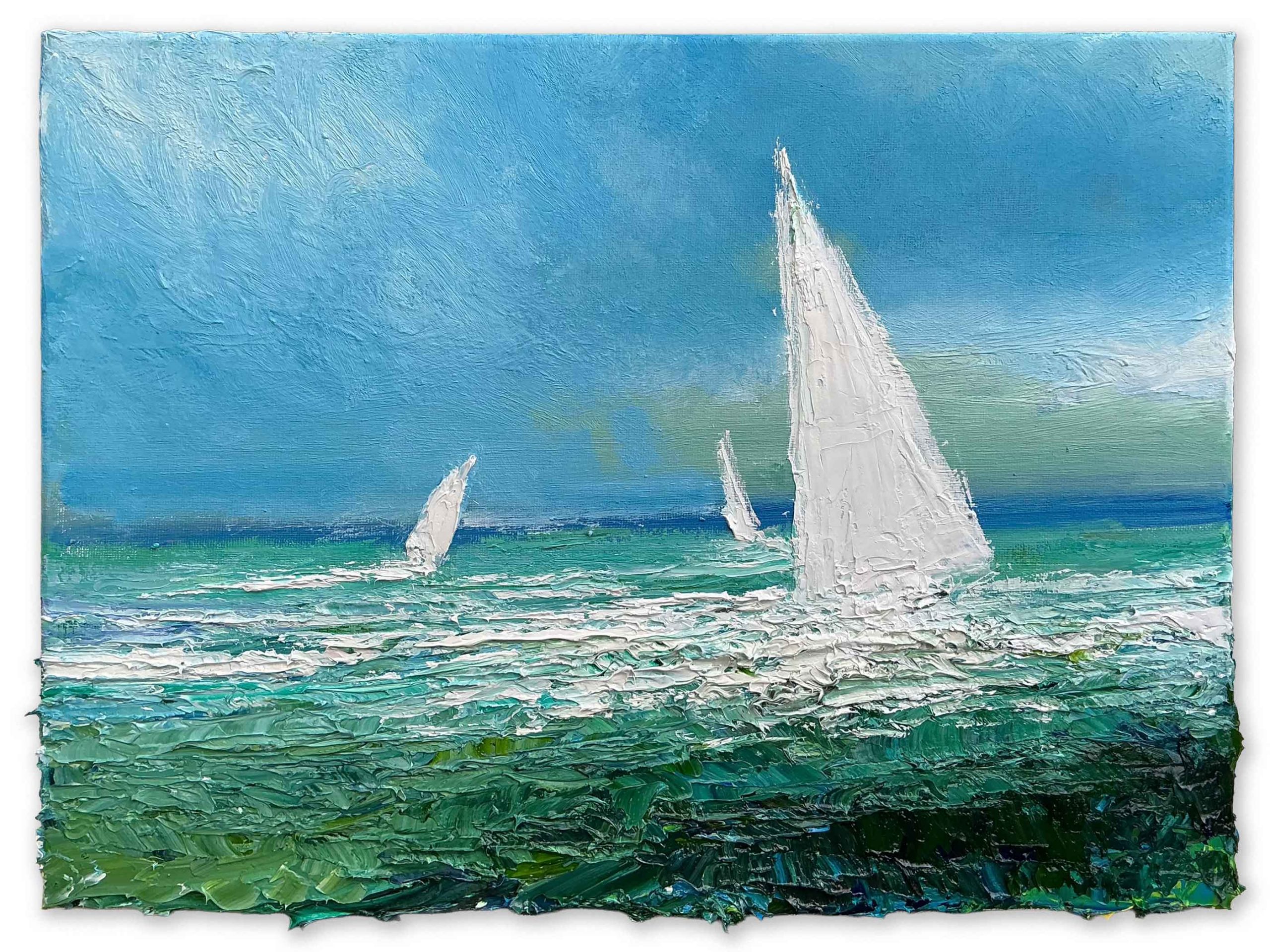 Three White Sails. Seascape  Paintings by David Morgan. Oil on canvas.