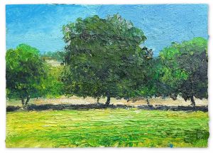 Walnut Trees, Le Carlat. European Landscape Paintings by David Morgan. Oil on board.