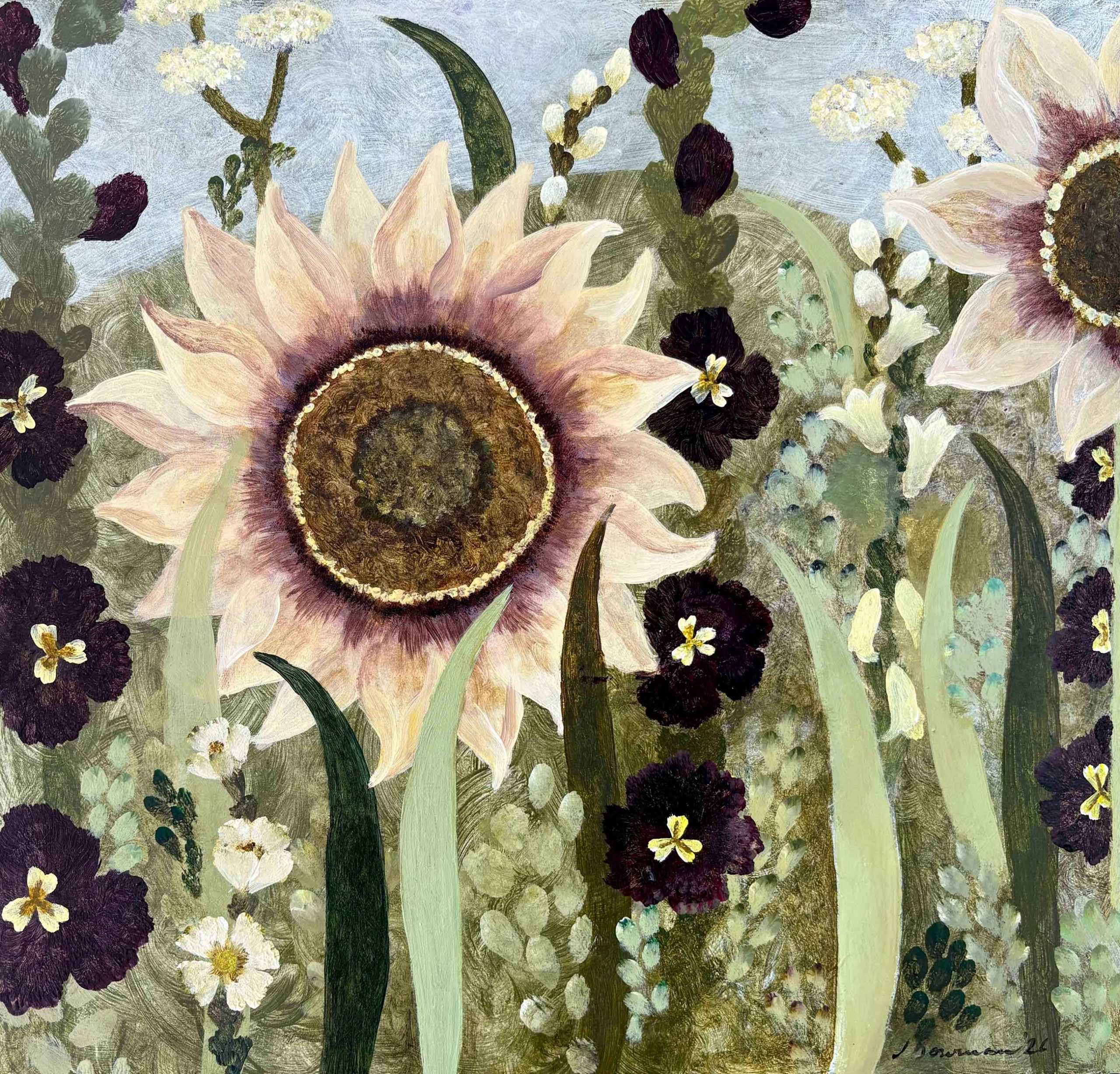 Apricot Hollyhocks. Birds & Animals Landscape Paintings by Sarah Bowman. Oil on board.