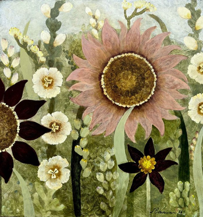 Dusky Sunflower & Dahlia. Birds & Animals Floral Paintings by Sarah Bowman. Oil on board.