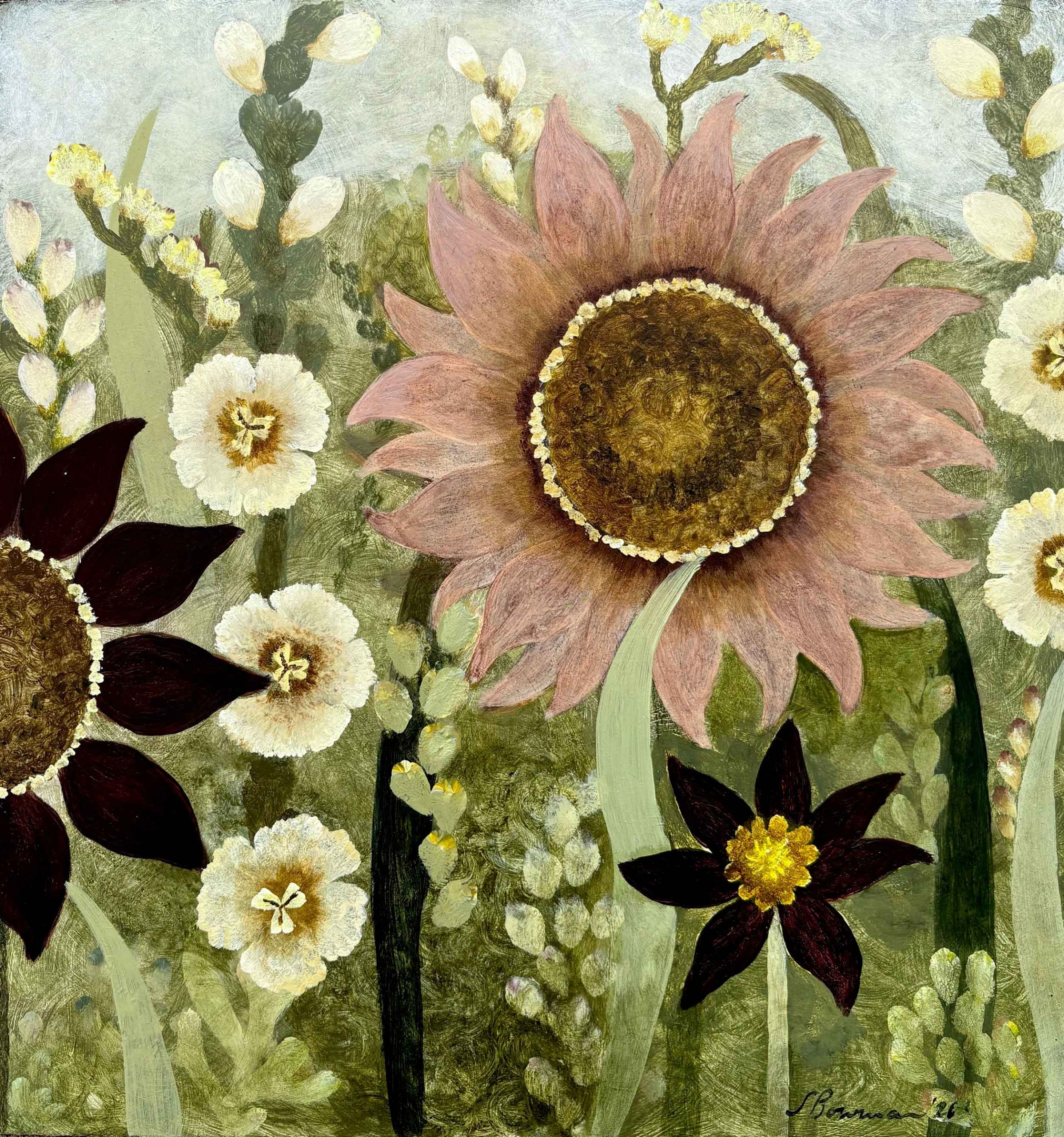 Dusky Sunflower & Dahlia. Birds & Animals Floral Paintings by Sarah Bowman. Oil on board.