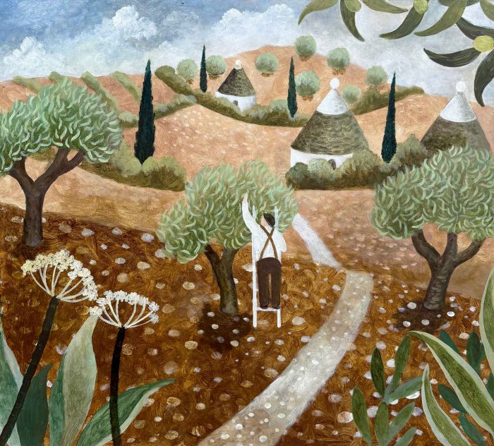 View to Ostuni. European Landscape Paintings by Sarah Bowman. Oil on board.
