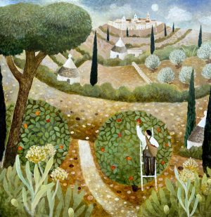 View to Ostuni. European Landscape Paintings by Sarah Bowman. Oil on board.